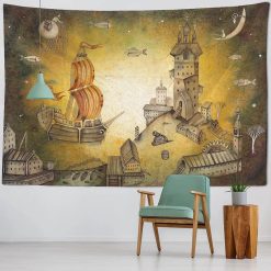 Tenture Murale Paysage Fantastique Ville Volante