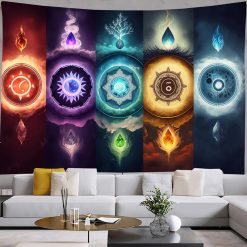 Tenture Murale Yoga Méditation Symboles Élémentaires et Chakras Cosmiques