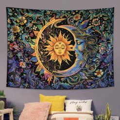 Tenture Murale Hippie Soleil et Lune - Étreinte Mystique Florale
