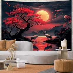 Tenture Murale Paysage Japonais Grue Éternelle sous la Lune Rouge