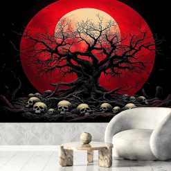 Tenture Murale Tête de Mort Arbre de Vie Macabre Sous la Lune Rouge