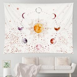 Tenture Murale Hippie Aquarelle Cosmique Soleil & Phases de Lune