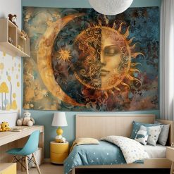 Tenture Murale Hippie Fusion Mystique du Soleil et de la Lune