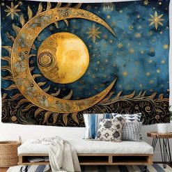 Tenture Murale Hippie Lune Dorée & Soleil Étoilé