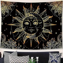 Tenture Murale Hippie Soleil & Lune Dorés – Harmonie Cosmique