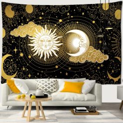 Tenture Murale Hippie - Union Dorée du Soleil et de la Lune