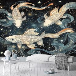 Tenture Murale Japonaise Carpes Célestes et Étoiles d’Azur