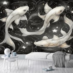 Tenture Murale Japonaise Carpes Koï Célestes dans la Nuit Étoilée