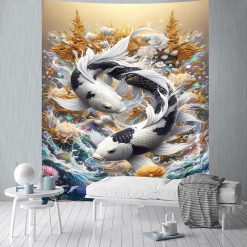 Tenture Murale Japonaise Carpes Koï Yin-Yang Élégance Dorée