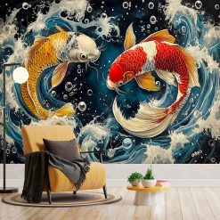 Tenture Murale Japonaise Carpes Koï d'Or et de Feu