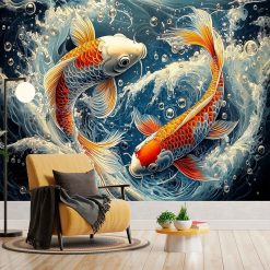 Tenture Murale Japonaise Danse des Carpes Koï dans les Flots