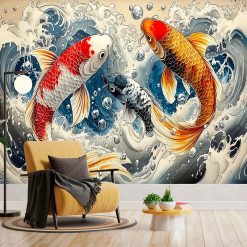 Tenture Murale Japonaise Danse des Carpes Koï dans les Flots