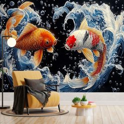 Tenture Murale Japonaise Duel des Carpes Koï sous les Flots
