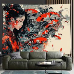 Tenture Murale Japonaise Femme au Kimono et Carpes Koï Écarlates
