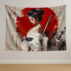 Tenture Murale Japonaise Geisha Guerrière au Soleil Rouge