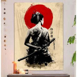 Tenture Murale Japonaise Geisha Guerrière et Soleil Rouge