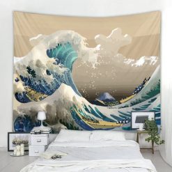 Tenture Murale Japonaise Grande Vague Beige et Mont Fuji