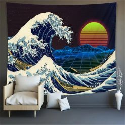 Avant Tenture Murale Japonaise "Grande Vague Néon Rétro-Futuriste" Style Hokusai Futuriste