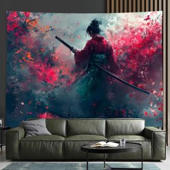 Tenture Murale Japonaise Guerrière du Jardin Écarlate