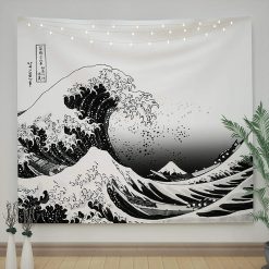 Tenture Murale Japonaise La Grande Vague et le Mont Fuji Noir et Blanc