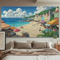Tenture Murale Japonaise Marché Estival au Bord de Mer – Style Anime