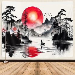 Tenture Murale Japonaise Montagnes et Soleil Rouge Réfléchi