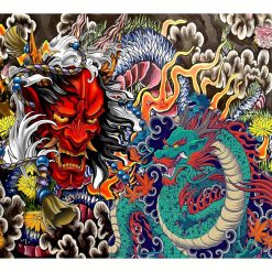 Tenture Murale Japonaise Oni Rouge et Dragon du Ciel
