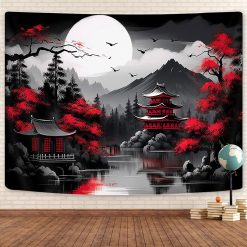 Tenture Murale Japonaise Pagode Écarlate sous la Lune Blanche