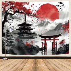 Tenture Murale Japonaise Pagode et Torii sous le Soleil Rouge
