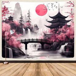 Tenture Murale Japonaise Pagode sous les Cerisiers en Fleur