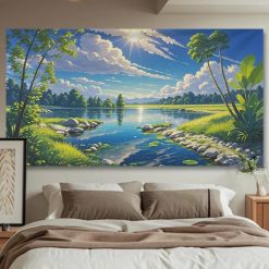 Tenture Murale Japonaise Reflets d’Été au Bord du Lac – Style Anime