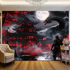Tenture Murale Japonaise Samouraï de la Lune et Dragon des Ombres