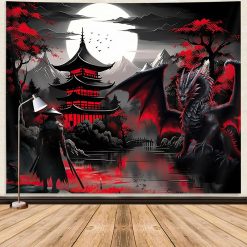 Tenture Murale Japonaise Samouraï et Dragon Noir sous la Lune