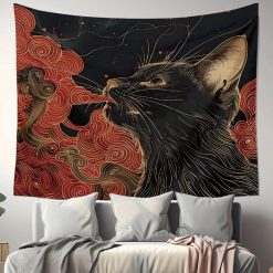Tenture Murale Japonaise Ukiyo-e Chat Noir des Volutes Mystiques