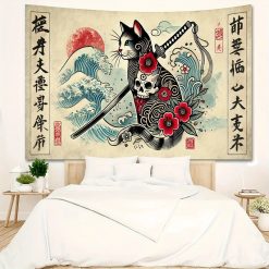 Tenture Murale Japonaise Ukiyo-e Chat Samurai et Vagues du Destin