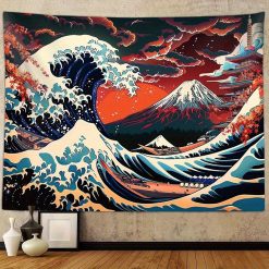 Tenture Murale Japonaise Vague Écarlate et Mont Fuji