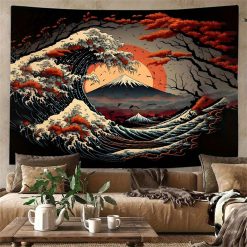 Tenture Murale Japonaise Vague Écarlate et Mont Fuji au Soleil Couchant