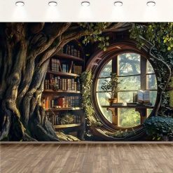 Tenture Murale Bibliothèque Fenêtre Enchantée dans l’Arbre