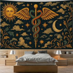 Tenture Murale Bohème 'Caducée Solaire et Lune Mystique'