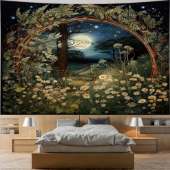 Tenture Murale Bohème Clair de Lune sur Forêt Fleurie