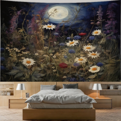 Tenture Murale Bohème Fleurs Sauvages sous Pleine Lune