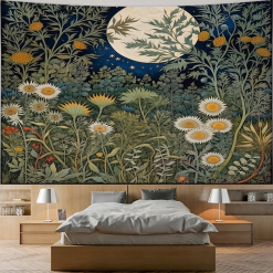 Tenture Murale Bohème Lune Dorée sur Prairie Sauvage