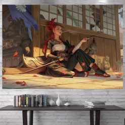 Tenture Murale Japonaise Manga Guerrière Rouge au Repos du Temple