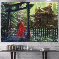 Tenture Murale Japonaise Ukiyo-e Dame en Kimono Rouge au Sanctuaire