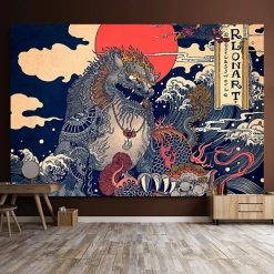 Tenture Murale Japonaise Ukiyo-e Dragon-Lion Gardien au Soleil Rouge