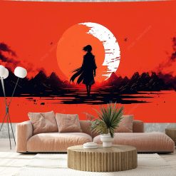 Tenture Murale Japonaise Ukiyo-e Guerrier Solitaire face au Soleil Sanglant