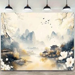 Tenture Murale Japonaise Ukiyo-e Paysage Brumeux et Fleurs de Printemps