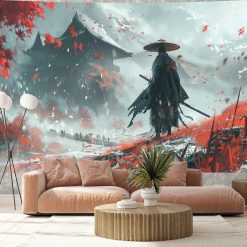 Tenture Murale Japonaise Ukiyo-e Samouraï Solitaire dans la Tempête d’Érables