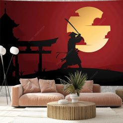 Tenture Murale Japonaise Ukiyo-e Samouraï au Clair de Lune Dorée