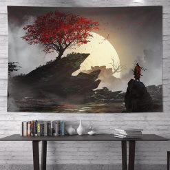 Tenture Murale Japonaise Ukiyo-e Samouraï au Clair de Lune et Arbre de Feu